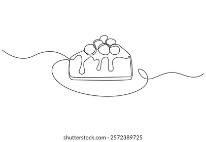 Cheesecake one line art. Continuous line drawing of tart, pie. Cheesecake continuous one line drawing minimalism design isolated on white background.