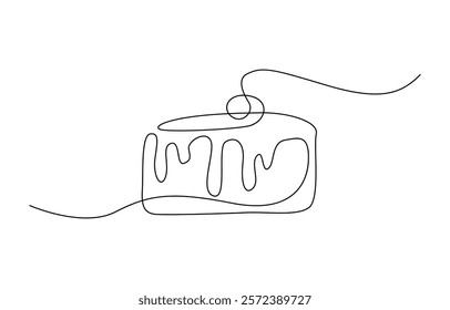 Cheesecake one line art. Continuous line drawing of tart, pie. Cheesecake continuous one line drawing minimalism design isolated on white background.