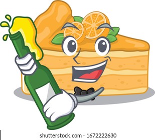 cheesecake orange with bottle of beer mascot cartoon style