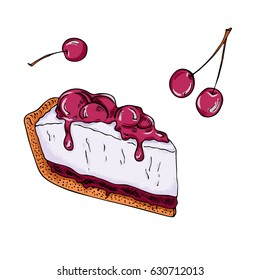 Cheesecake piece with cherry jam and cherry berries on white background. Hand drawn vector illustration.