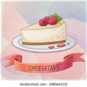 Cheesecake with raspberry icon. Cartoon vector illustration. Pastel series of berry desserts collection