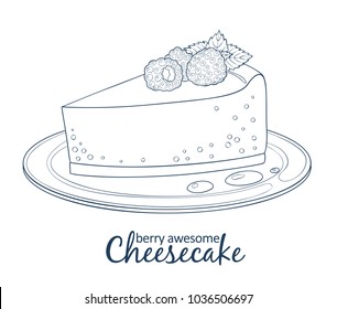 Cheesecake with raspberry icon isolated on white background. Hand drawn vector illustration black and white colors