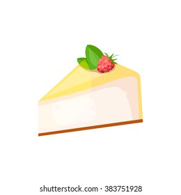 Cheesecake with raspberry on a white background. Vector illustration of baking. Isolated vector illustration on white background