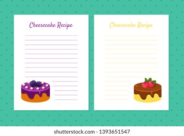 Cheesecake Recipe Cookbook Design Templates, Card with Lines for Recipe Placement Vector Illustration