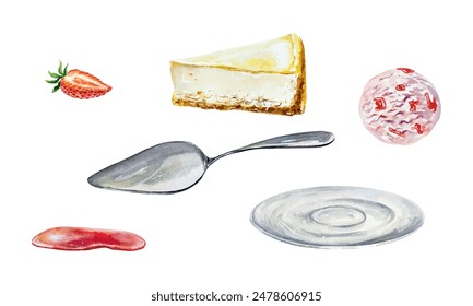 Cheesecake set watercolor. A piece of cake, strawberries, syrup, saucer, ice cream. Vector Cards, cafe menus, bakeries, confectioneries, large banners