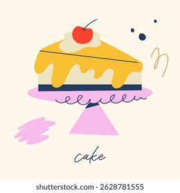 Cheesecake slice with cherry topping. Modern flat vector illustration for food packaging, dessert shop branding, and confectionery designs