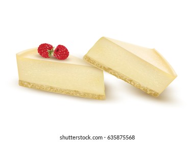 Cheesecake slice decorated with raspberry berries. Vector