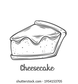 Cheesecake slice outline vector icon. Drawn New York classic cheesecake with jam on top.