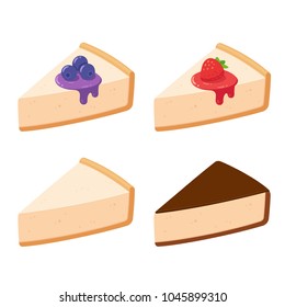 Cheesecake slices set with different toppings. Fruits and syrup (blueberry, strawberry), plain vanilla and chocolate glazed. Isolated vector clip art illustration.