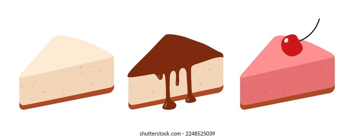 Cheesecake slices set with different toppings. Fruits, cherry and chocolate syrup, vanilla and glazed. Isolated vector illustration on background.