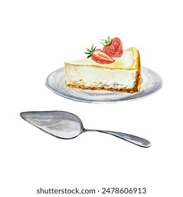 Cheesecake with strawberries on a saucer, pastry spatula. Watercolor. Vector illustration. Cards, cafe menus, bakeries, confectioneries, large banners