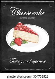 Cheesecake strawberry on chalkboard background, vector, illustration, freehand