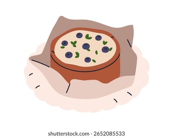 Bolo de queijo, padaria doce. Sobremesa caseira americana, bolo de queijo clássico, massa assada com creme e mirtilos, decoração de frutas. Gostoso. Ilustração de vetor plano isolada no plano de fundo branco
