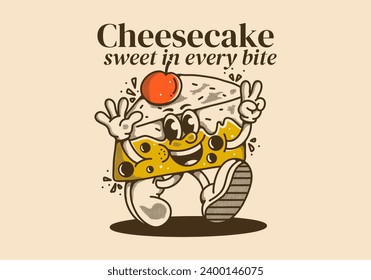 Cheesecake, sweet in every bite. Vintage mascot character illustration of walking cheesecake