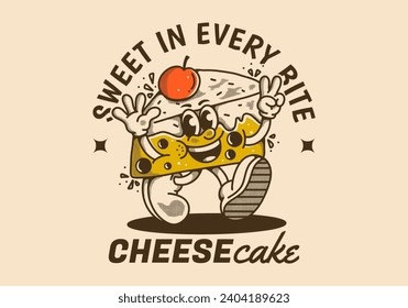 Cheesecake, sweet in every bite. Vintage mascot character illustration of walking cheesecake