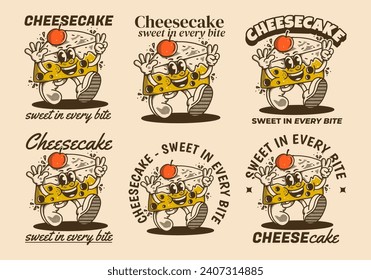 Cheesecake, sweet in every bite. Vintage mascot character illustration of walking cheesecake