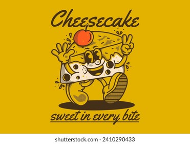 Cheesecake, sweet in every bite. Vintage mascot character illustration of walking cheesecake