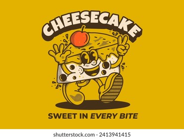 Cheesecake, sweet in every bite. Vintage mascot character illustration of walking cheesecake