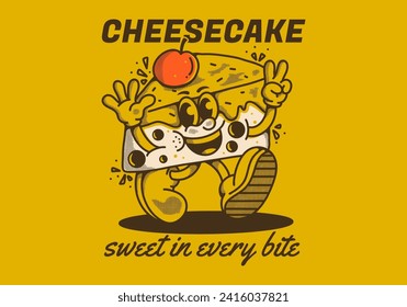 Pastel de queso, dulce en cada mordedura. Ilustración de personaje de mascota de época de cheesecake que camina