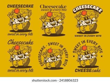 Pastel de queso, dulce en cada mordedura. Ilustración de personaje de mascota de época de cheesecake que camina