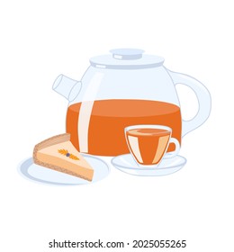 Cheesecake and tea in a transparent cup. Vector Illustration. 