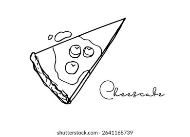 Cheesecake with topping and berries, pastry sketch with lettering. Traditional twisted bread outline in doodle style. Fresh food snack logo. Typography poster for cafe, menu, recipes, class. Hand draw