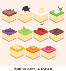 Cheesecake types, with fruits and cream
