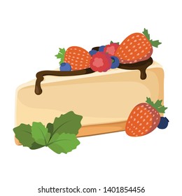 Cheesecake vector illustration. Cheesecake with berries and chocolate isolated on white background. 