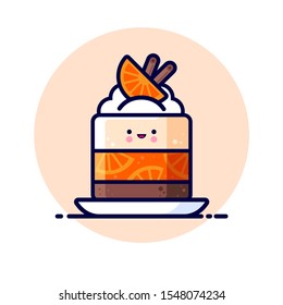 Cheesecake with whipped cream, jelly, orange slices and cinnamon sticks. Yummy dessert Icon. Cute kawaii illustration. Japanese style. 