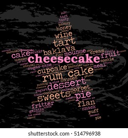 Cheesecake. Word cloud, star, grunge background. Food for celebrities.