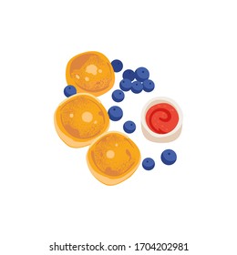 Cheesecakes with jam and berries isolated vector icon. Pancakes with fruits illustration in hand drawing children style. American breakfast top view print. Morning healthy food menu design.