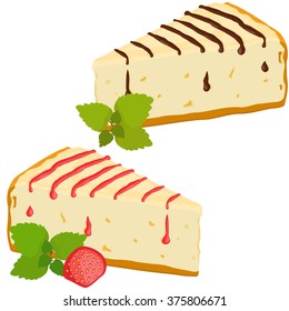 Cheesecakes set. Cheesecake with strawberry and chocolate vector illustration. Isolated on white background.