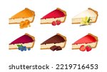 Cheesecakes set. Slice of cheesecakes with different flavors. Classic dessert strawberry, raspberry, chocolate, vanilla, caramel and blueberry. Vector cartoon illustration of sweet food.