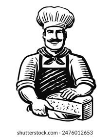 Quesero cortando pedazo de queso con cuchillo. Emblema o logotipo del chef y los productos lácteos. Ilustración vectorial alimentaria agrícola