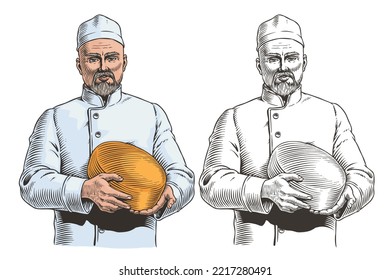 Cheesemaker holding cheese isolated on white background. Dairy products parmesan, cheddar or gouda. Master chef in uniform. Engraving style vector illustration.