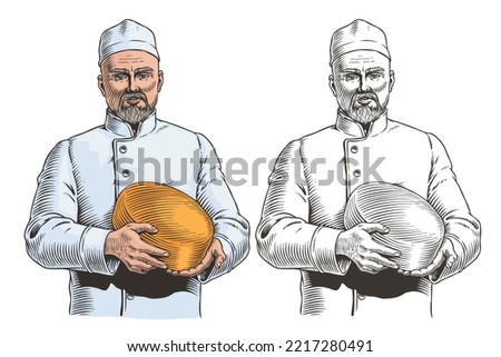 Cheesemaker holding cheese isolated on white background. Dairy products parmesan, cheddar or gouda. Master chef in uniform. Engraving style vector illustration.