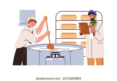 Cheesemaker making cheese. Food maker during dairy product production, manufacture. Professional cheesemonger at creamery factory, plant. Flat vector illustration isolated on white background svg