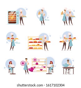 Cheesemaking, bakery and pottery flat vector illustrations set. Cheesemakers and bakers. Food industry. Bake shop. Dairy products. Handmade clayware. Craftsmanship. Isolated cartoon characters