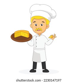 Haciendo queso. pastor en delantal. hombre con bandeja.