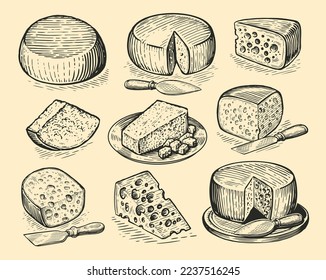 Cheesemaking various types of cheese set. Dairy food collection. Vector illustration in sketch style