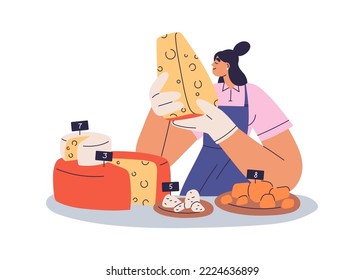 Cheesemonger tasting gourmet cheese, smelling delicatessen. Woman foodie during degustation of different sorts, cheddar, maasdam, brie on boards. Flat vector illustration isolated on white background