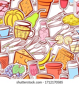 Cheeses, Cutlery, Drinks and Fruits pattern. Background for printing, design, web. Seamless. Colored.