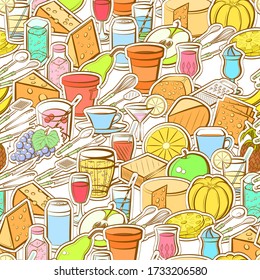 Cheeses, Cutlery, Drinks and Fruits pattern. Background for printing, design, web. Seamless. Colored.