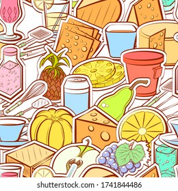 Cheeses, Cutlery, Drinks and Fruits pattern. Background for printing, design, web. Seamless. Colored.