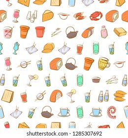 Cheeses, Cutlery, Drinks, Japanese food and Seafood set. Background for printing, design, web. Usable as icons. Seamless. Colored.