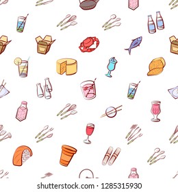 Cheeses, Cutlery, Drinks, Japanese food and Seafood set. Background for printing, design, web. Usable as icons. Seamless. Colored.