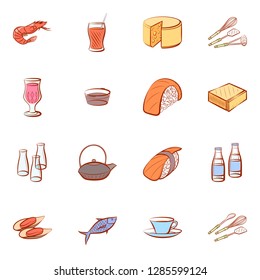 Cheeses, Cutlery, Drinks, Japanese food and Seafood set. Background for printing, design, web. Usable as icons. Colored.