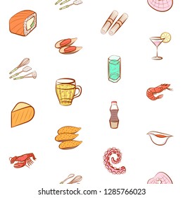 Cheeses, Cutlery, Drinks, Japanese food and Seafood set. Background for printing, design, web. Usable as icons. Seamless. Colored.