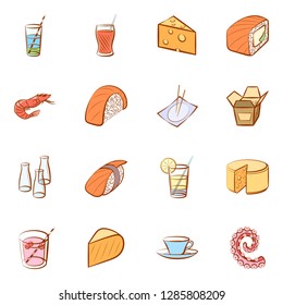 Cheeses, Cutlery, Drinks, Japanese food and Seafood set. Background for printing, design, web. Usable as icons. Colored.
