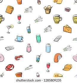 Cheeses, Cutlery, Drinks, Japanese food and Seafood set. Background for printing, design, web. Usable as icons. Seamless. Colored.